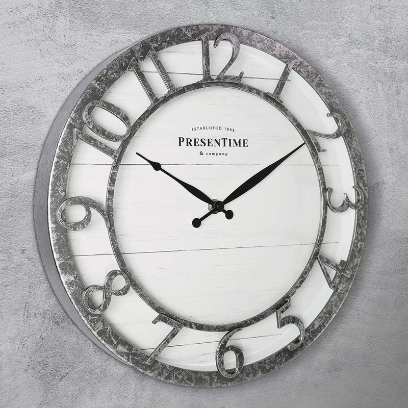 Presentime & Co 13" Farmhouse Series Wall Clock, Quartz Movement, Shiplap Style,Raised 3D Arabic Numeral, Galvanized Finish - Image 2